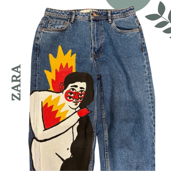 ZARA Ricardo Cavolo Limited Edition Graphic Mom Jeans Hand Painted Size 4 - Picture 6 of 8